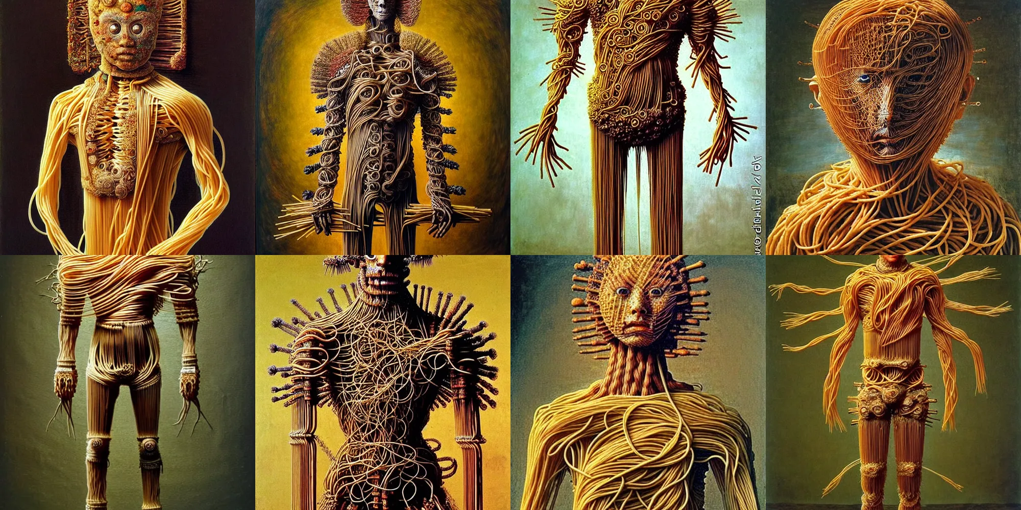 Prompt: full body shot of half boy half rhibo made of spaghetti, intricate armor made of spaghetti fractals, ancient warrior, samurai style, by giuseppe arcimboldo and ambrosius benson, renaissance, intricate and intense oil paint, a touch of beksinski, realistic