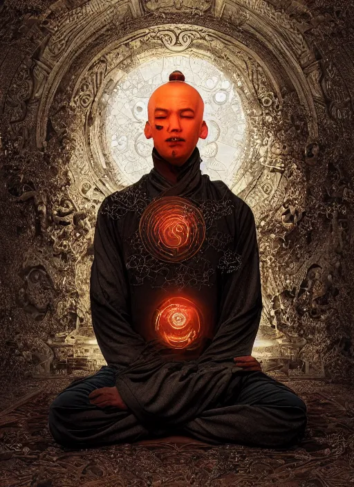 Image similar to portrait of a meditating cyberpunk monk cyborg with headpiece, imari, fractal, in the style of ghosts in the shell, intricate ornaments, elegant, highly detailed, digital photography, subsurface scattering, by jheronimus bosch and greg rutkowski,