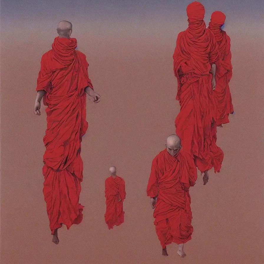 Image similar to ! dream faceless monks on a desert, red color scheme, high detailed beksinski painting, by adrian ghenie and gerhard richter. art by takato yamamoto. masterpiece, deep colours.