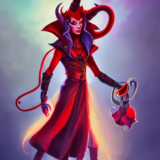 Prompt: Red tiefling wizard, wearing colorful clothes, with curling horns, with piercings in horns, digital art, fantasy ,dynamic lighting, 4k, detailed, trending on artstation, sharp, smooth, by Viktor Antonov