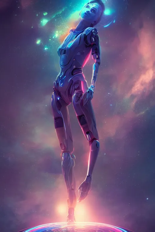 Image similar to woman cyborg floating in space letting go of reality and experiencing the quantum feild, matte painting comic book art, cinematic, highly detailed, realistic, beautiful cosmic neural network, octane render, unreal engine, depth of field, trending on artstation, sharp focus, philosophical splashes of colors