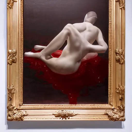 Image similar to an all white human, with no facial features, like a white mask pulled over their face, full body laying in a blood red pool of water between a golden mirror frame, outside is space and inside the mirror frame is a beautiful landscape., physically accurate, dynamic lighting, intricate, elegant, highly detailed, very very Roberto Ferri, sharp focus, very very unsettling, very terrifying, illustration, art