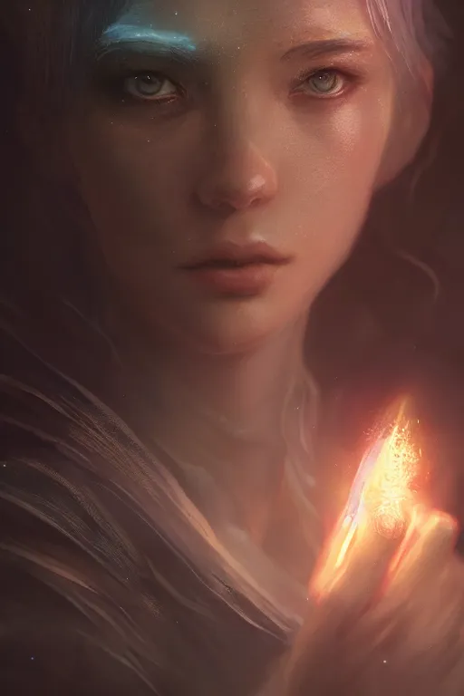 Image similar to a portrait of a beautiful light mage using magic by Greg Rutkowski, Sung Choi, Mitchell Mohrhauser, Maciej Kuciara, Johnson Ting, Maxim Verehin, Peter Konig, final fantasy , mythical, 8k photorealistic, cinematic lighting, HD, high details, atmospheric,