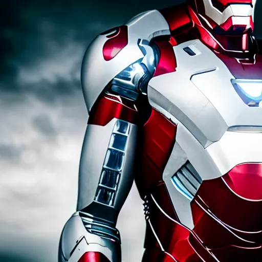 Image similar to close - up ironman in a white armor, shallow depth of field, moody lighting, 8 k,