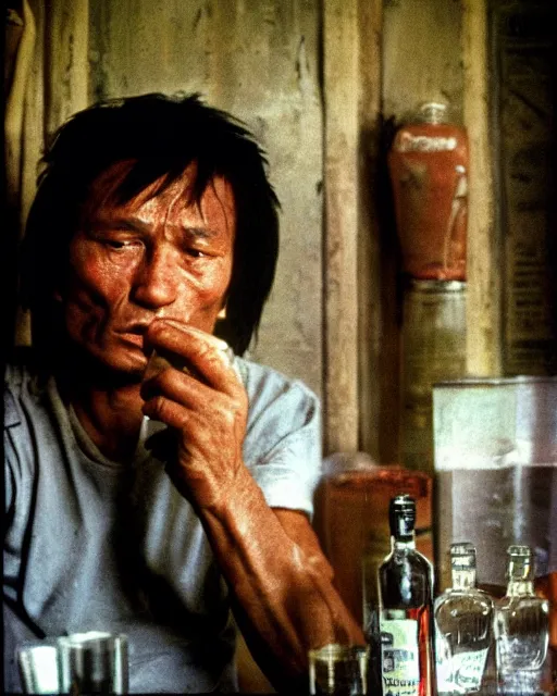 Prompt: sixty years old viktor tsoi drink vodka, bottle of vodka, sad look, color photo, in the style of documentary journalism, close up photo, kodak gold