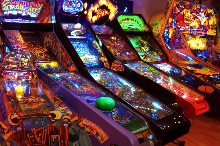 Prompt: inside an arcade, cosmic horror, arcade games, pinball machines,