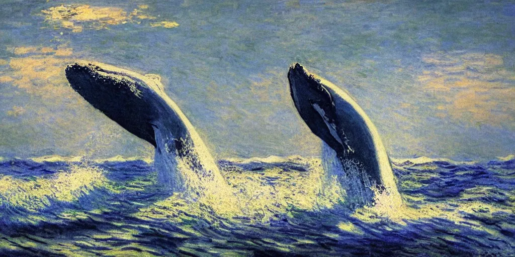Prompt: An aesthetically pleasing, dynamic, energetic, lively, well-designed digital art of a whale, ripples, waves, sea foam, light and shadow, ocean caustics, by Claude Monet, traditional Japanese colors, superior quality, masterpiece, excellent use of negative space.