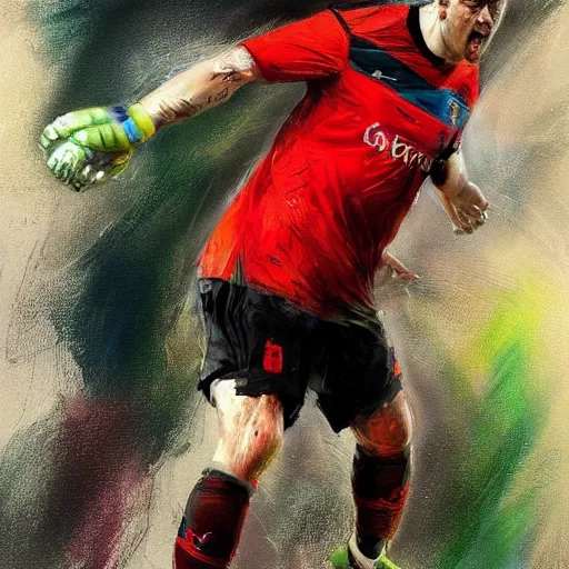 Image similar to A realistic hyperdetailed multi-colored digital oil full body portrait painting of a fat goal keeper saving a penalty, black jersey, short hair, in the style of Guy Denning, Ruan Jia, and Craig Mullins. Trending on ArtStation and DeviantArt. CGSociety Digital art.