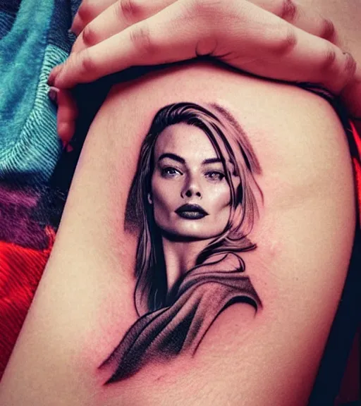 Prompt: tattoo sketch of margot robbie mash up amazing mountain scenery and nature, double exposure effect, in the style of arlo dicristina, hyper realism, amazing detail, sharp