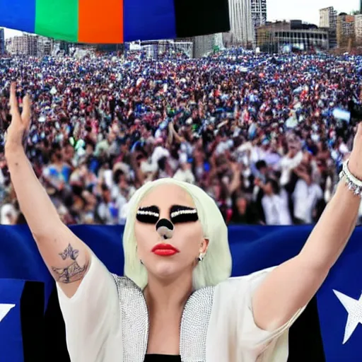 Image similar to Lady Gaga as president, Argentina presidential rally, Argentine flags behind, bokeh, giving a speech, detailed face, Argentina