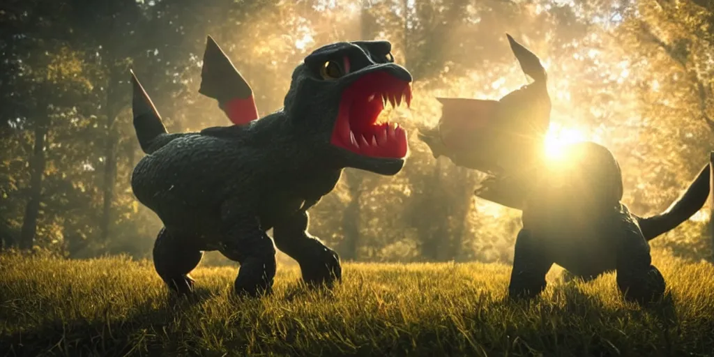 Image similar to photo of real life pokemons, creepy!!!, scaly!!!, gritty!!!, menacing!!!, evil, ultra realistic, gritty, golden hour, volumetric lighting, sharp focus