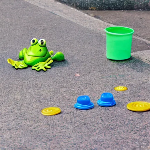 Image similar to plastic toy frog cleaning up the laundromat, pastel colors