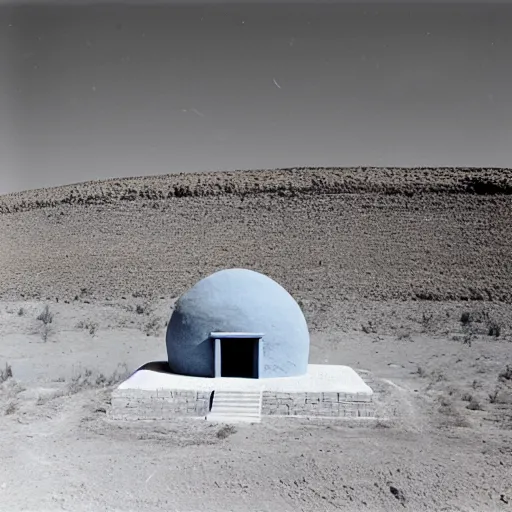 Image similar to a Non-Euclidean orb-like clay building sitting in the desert, vintage photo, beautiful cinematography, blue sky, film grain, extreme wide shot, far away, in the distance, James Turrell