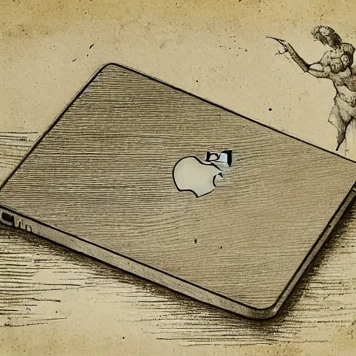 Image similar to drawing of macbook prototype by leonardo da vinci, lot of notes and figures, antique drawing, sketch, art, intricate details, highly detailed