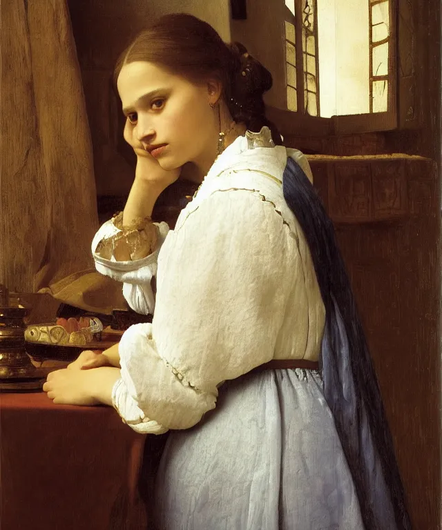 Image similar to a highly detailed, beautifully lit close portrait of a pretty, young alicia vikander resting her head on a table by an open window, oil painting portrait by vermeer and bouguereau and waterhouse