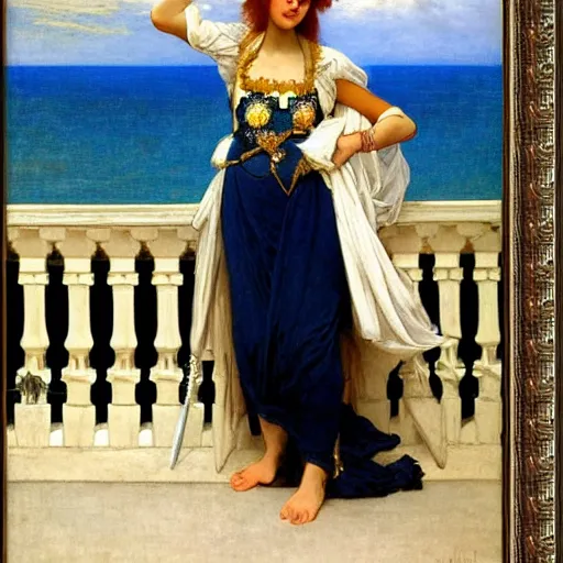 Image similar to A girl with jester clothes and a sword on the front of a Balustrade with a beach on the background, major arcana clothes, by paul delaroche, alphonse mucha and arnold böcklin arnold böcklin hyperrealistic 8k, very detailed