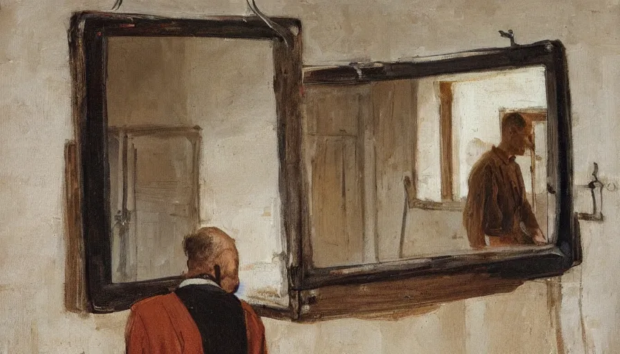 Image similar to painting by borremans, man back standing in front on the mirror and his back in the mirror with small village house and tiny modern car, detailed, stunning