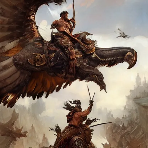 Prompt: The large birds of war, barbarian muscular men riding saddled to the back of the large griffin bird, swords held high, medieval war rages below, highly detailed, digital painting, artstation, concept art, smooth, sharp focus, illustration, art by artgerm and greg rutkowski and alphonse mucha