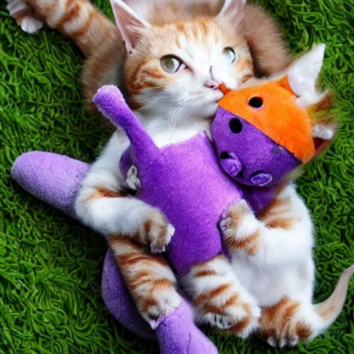 Image similar to tiny adorable purple fantasy dragon cuddles an orange tabby cat, realistic, orange tabby cuddles purple dragon, award - winning photography