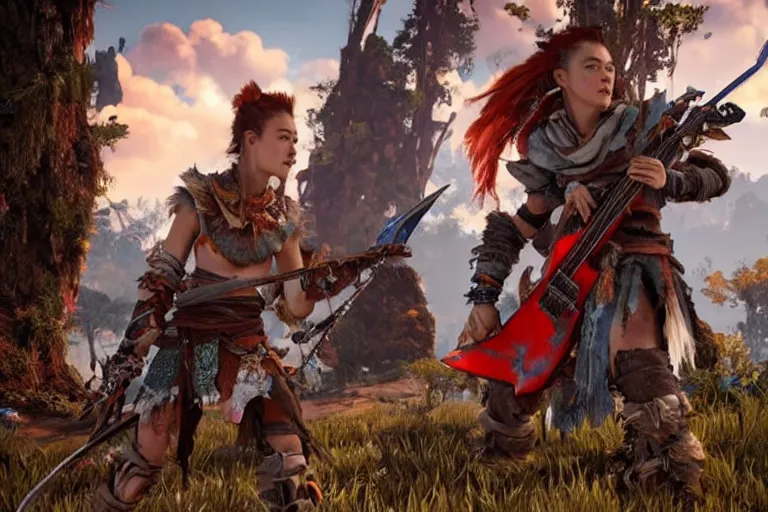 Image similar to aloy from the horizon zero dawn videogame playing a bc rich guitar with kratos from the god of war videogame