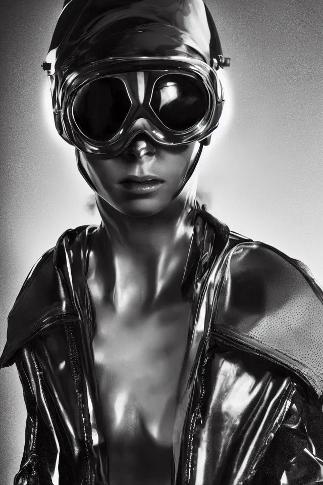 Image similar to digital fashion shoot, androgynous person, tactical tunic latex, wearing goggles, techwear, iridiscent light, high key, cinematic lighting at night, neon, phil hale, boris vallejo, alberto mielgo