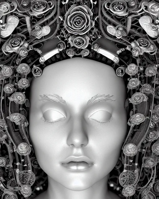 Prompt: mythical dreamy black and white organic bio-mechanical spinal ribbed profile face portrait detail of translucent steampunk beautiful female angelic-human-queen-vegetal-cyborg, highly detailed, intricate crystal ivy jelly ornate, poetic, translucent roses ornate, 3D render, digital art, octane render, 8K artistic photography, photo-realistic, by Dora Maar