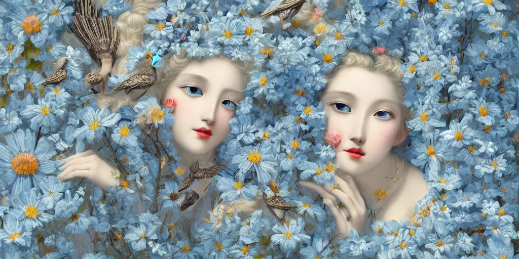 Prompt: breathtaking detailed concept art painting art deco pattern of blonde faces goddesses amalmation light - blue flowers with anxious piercing eyes and blend of flowers and birds, by hsiao - ron cheng and john james audubon, bizarre compositions, exquisite detail, 8 k