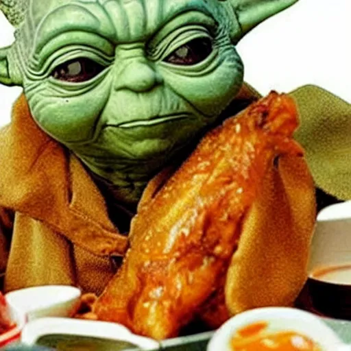 Image similar to yoda eating chicken wings