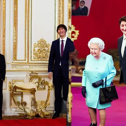 Image similar to photo of the Queen of England body slamming Xi Jinping while Justin Trudeau eats popcorn,