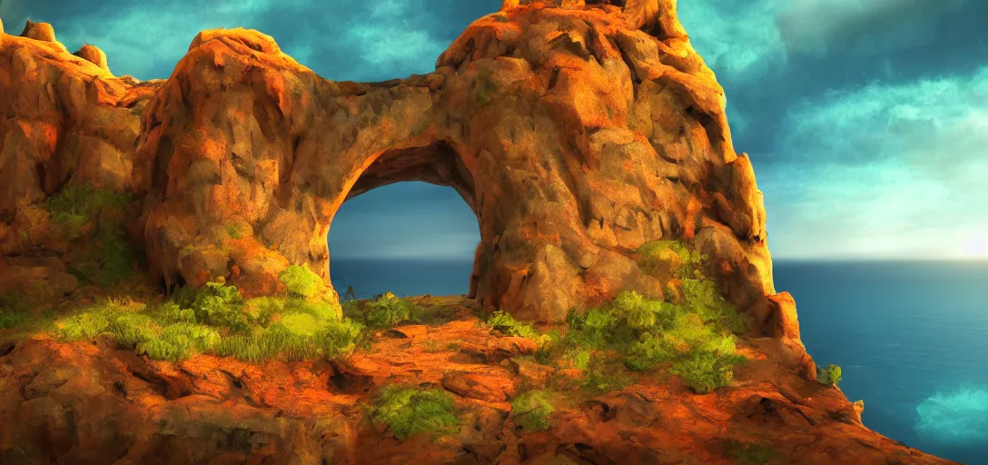 Prompt: tower with an arch on a cliff of a mountain in water color, claymation style, colourful, volumetric light,, dramatic light, analogue photo, vfx art, digital painting, digital illustration, unreal engine render