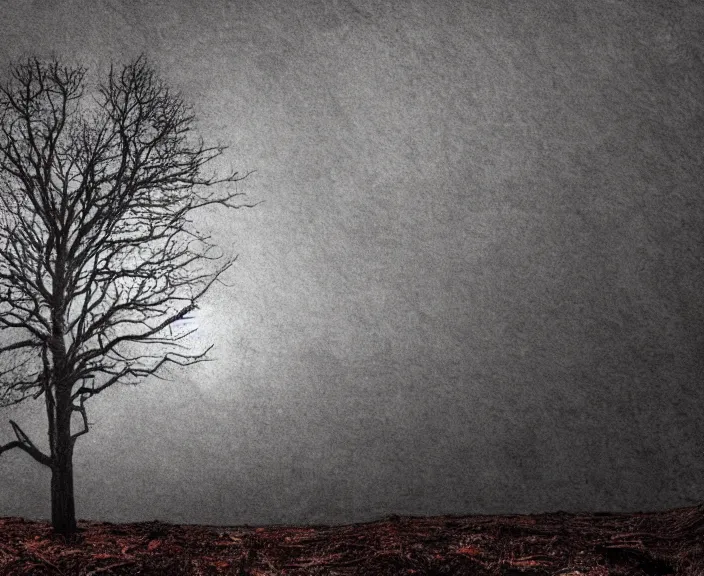 Prompt: 4 k hd, high detail photograph of a single tree during apocalypse, shot with sigma f / 4. 2, 2 5 0 mm sharp lens, wide shot, consistent, volumetric lighting, high level texture render