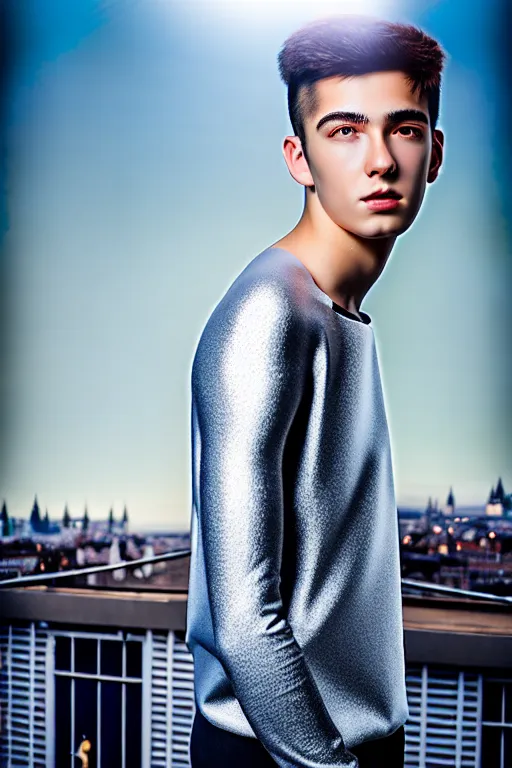 Image similar to un ultra high definition studio quality photographic art portrait of a young man standing on the rooftop of a british apartment building wearing soft padded silver pearlescent clothing. three point light. extremely detailed. golden ratio, ray tracing, volumetric light, shallow depth of field. set dressed.