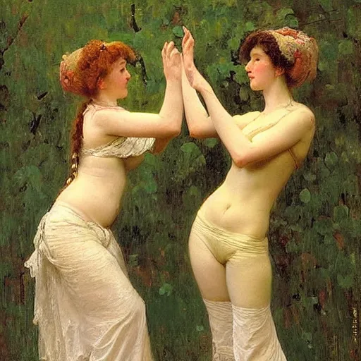 Image similar to Two beautiful women in love, vertical symmetry, photograph, vintage shading, elegance, visually coherent, by Ilya Repin