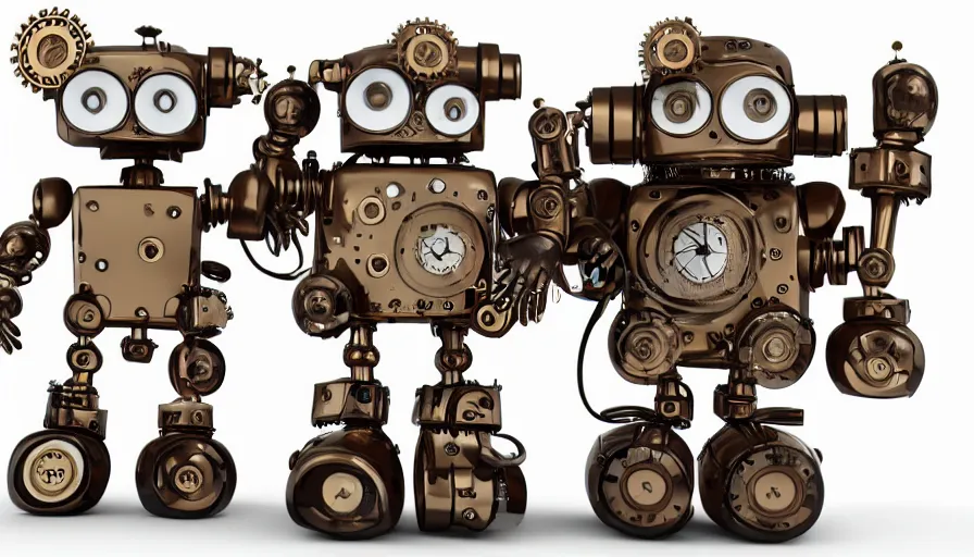 Prompt: two cute steampunk robots with human skin and large shiny eyes smiling and waving, isolated on white background, intricate details, 3D occlusion