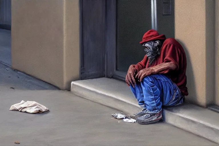 Image similar to ( ( a beautiful 8 k photorealistic masterpiece oil painting ) ( of ( a homeless man using crack in a los angeles sidewalk ) ) ) ( hyperrealism ) ( 1 6 k ) ( trending on artstation )