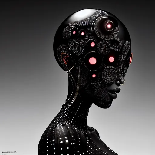 Image similar to portrait of an absurdly beautiful, graceful, sophisticated, fashionable black cyberpunk mechanoid gravure idol, hyperdetailed illustration by irakli nadar, adut akech, matt wisniewski style, intricate linework, dark black porcelain skin, jellyfish headdress, unreal engine 5 highly rendered, global illumination, red light, detailed and intricate environment