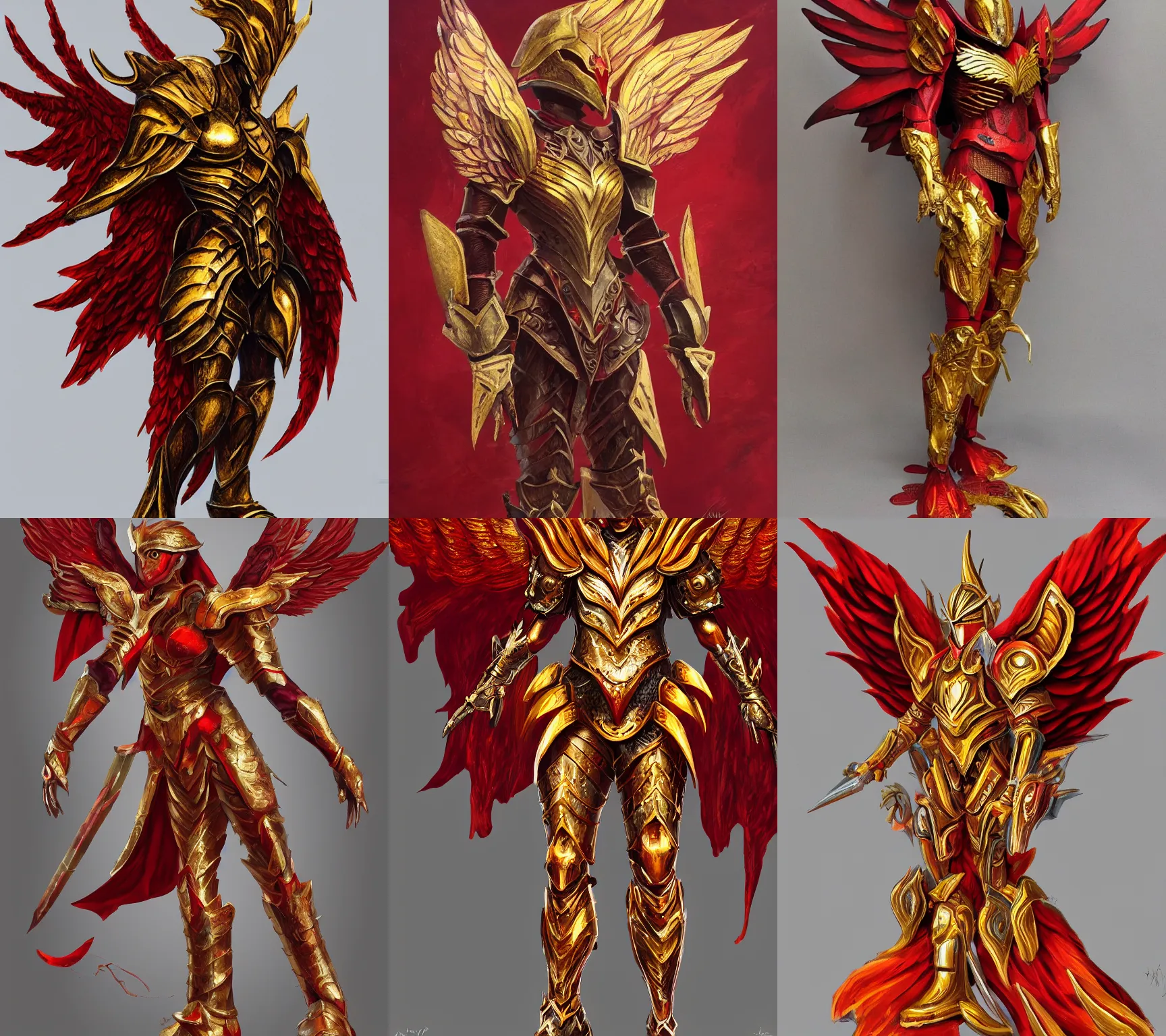 Prompt: Frontal view of a set of armor, phoenix-inspired, full body, empty, ornamental, Red, Gold, wings, d&d, simple, fantasy, Acrylic painting, trending on artstation, artstationHD, artstationHQ, cgsociety