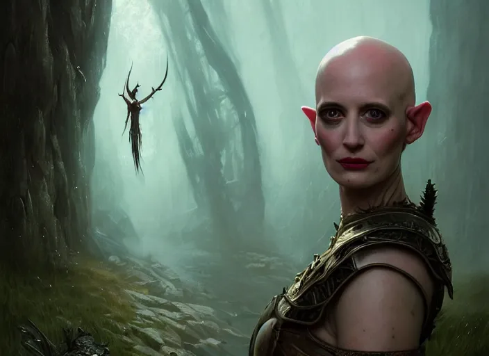 Prompt: highly detailed portrait of eva green as a bald tribal elf, in skyrim, stephen bliss, unreal engine, fantasy art by greg rutkowski, loish, rhads, ferdinand knab, makoto shinkai and lois van baarle, ilya kuvshinov, rossdraws, tom bagshaw, global illumination, radiant light, detailed and intricate environment