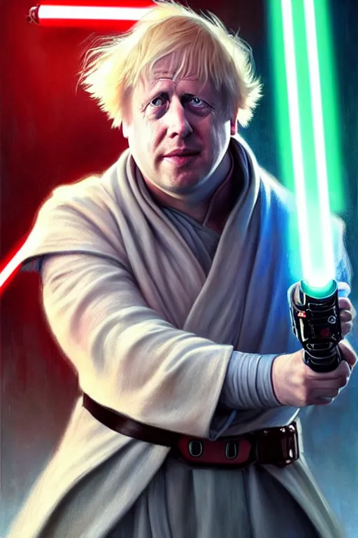 Image similar to Boris Johnson as a Jedi from Star Wars, Union Jack light saber, realistic portrait, symmetrical, highly detailed, digital painting, artstation, concept art, smooth, sharp focus, illustration, cinematic lighting, art by artgerm and greg rutkowski and alphonse mucha