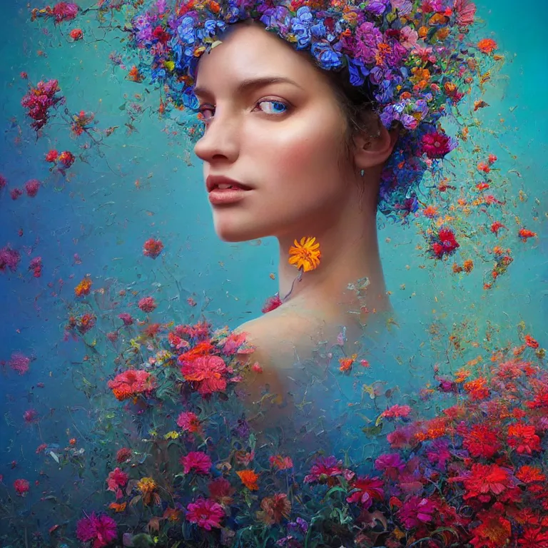 Prompt: a beautiful oil painting hyperrealism of a beautiful woman's head, flowers, floral headdress, 8 k resolution, octane render, trending on artstation, by gediminas pranckevicius, volumetric light 2 blue fractal thunder glow by dan mumford, anaglyph effect, laurie lipton