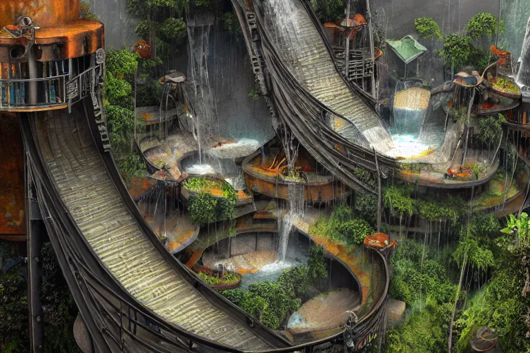 Image similar to favela bunker cathedral coaster hive, art nouveau waterfall environment, industrial factory, terrifying, award winning art, epic dreamlike fantasy landscape, ultra realistic,