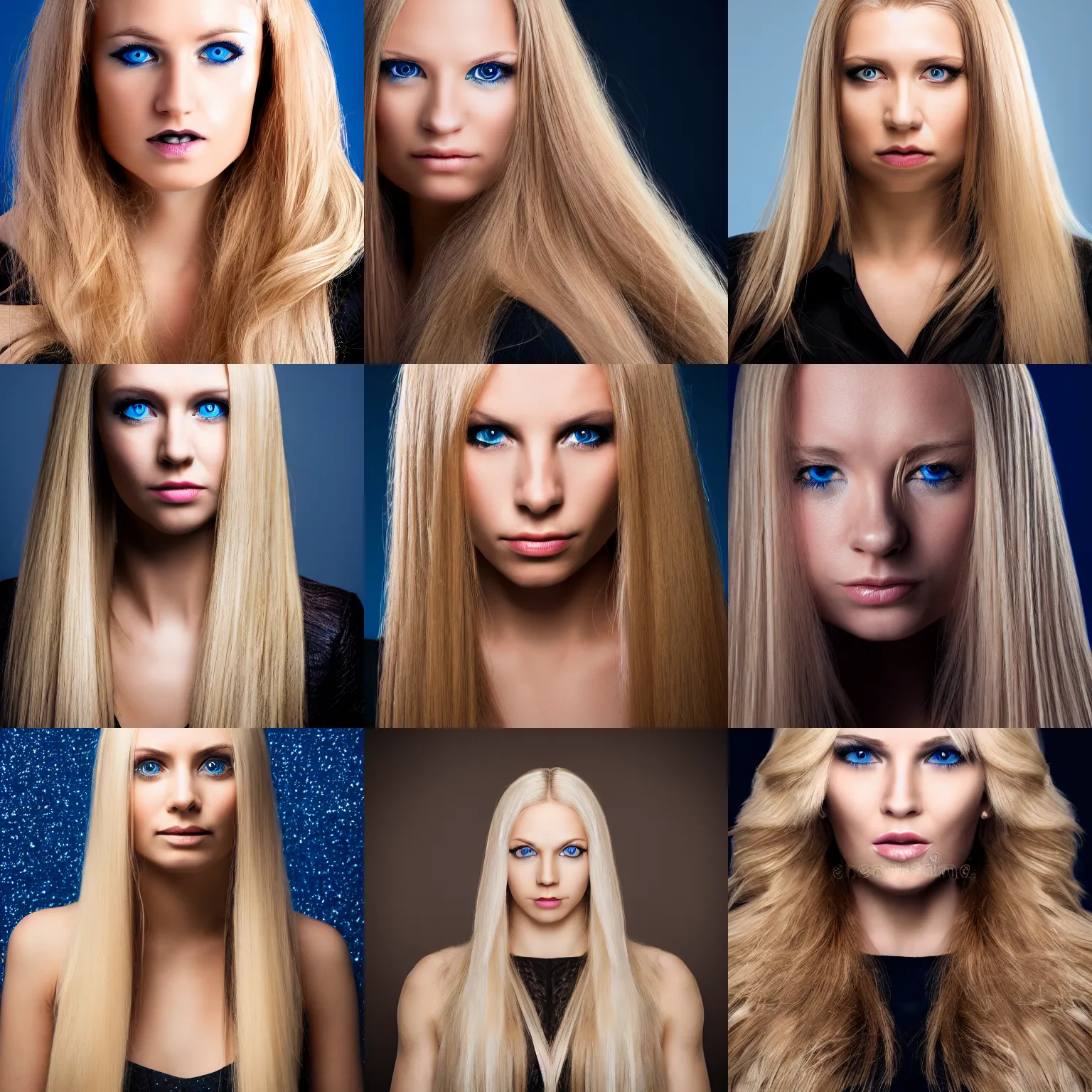 Prompt: portrait of a woman, symmetric, blond long hair, blue eyes, neutral, photo, 4 k, black background, soft frontal light, nordic, wide eye spacing