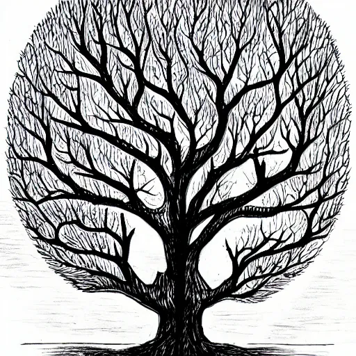 Prompt: a drawing of a tree with its roots in the water, an illustration of by alasdair gray, complex reflections, featured on deviantart, ecological art, photoillustration, fractalism, storybook illustration