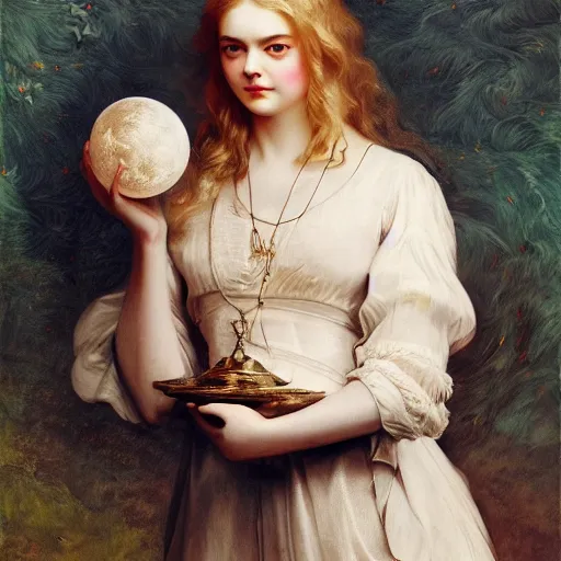 Prompt: Elle Fanning holding the moon, artstation, by J. C. Leyendecker and Peter Paul Rubens,