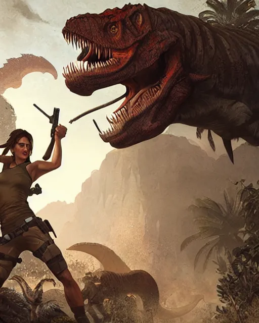 Image similar to lara croft fighting the tyrannosaurus rex | | realistic shaded, fine details, realistic shaded lighting poster by greg rutkowski, magali villeneuve, artgerm, jeremy lipkin and michael garmash and rob rey