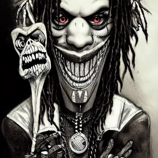 Prompt: michael karcz grunge drawing of chief keef. , in the style of corpse bride, loony toons style, horror themed, detailed, elegant, intricate, trending on artstation, 4k