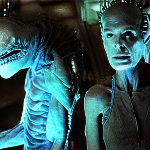 Image similar to movie still, 1 9 8 0 s, alien creatures, hyperdetailed, by ridley scott and john carpenter, blue leds