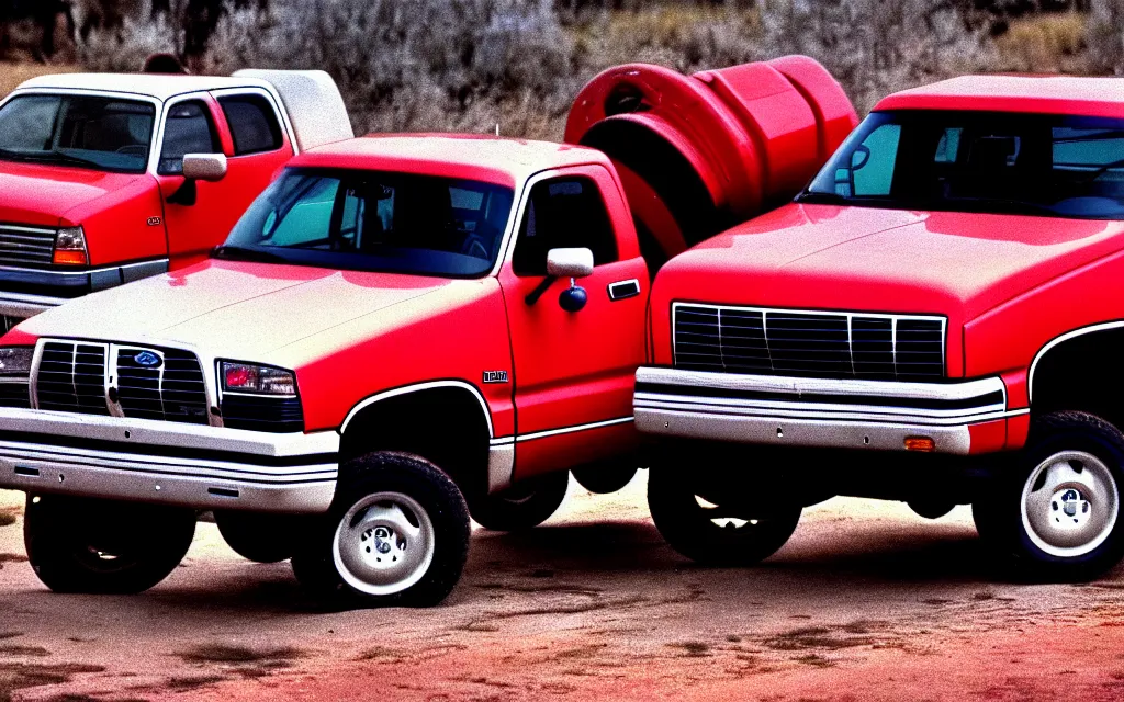 Image similar to 1 9 9 0 s dodge ram truck driving over and crushing ford trucks photo 4 k