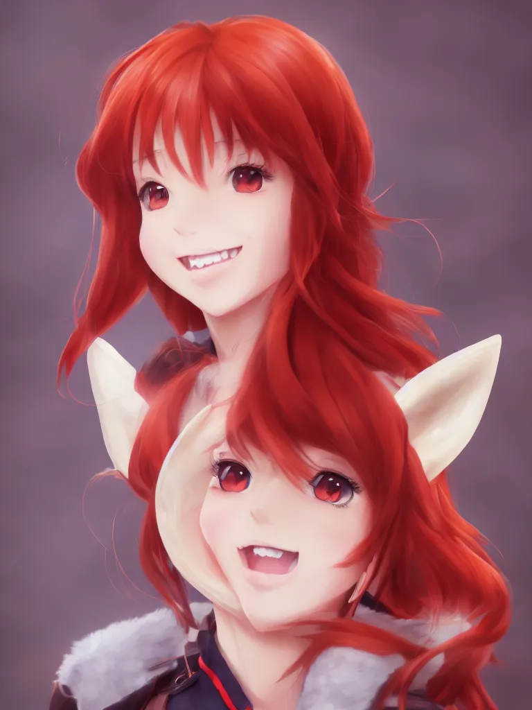 Image similar to photorealistic photograph of a beautiful anime smiling heroine with Red Hair and Fox Ears European decent wearing Soviet skirt and jacket, natural lighting,HDR, trending on artstation