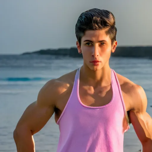 Prompt: high - quality photo of a muscular, completely androgynous person of completely ambiguous gender wearing a pink tank top